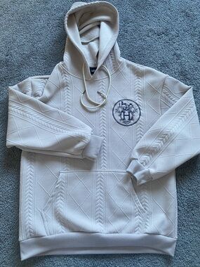 Maybe a replica of Hermes Cream Cable-Knit Crewneck Hoodie with Navy Logo